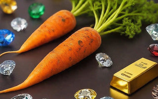 Picture of a carrot, a gold bar, and gem stones