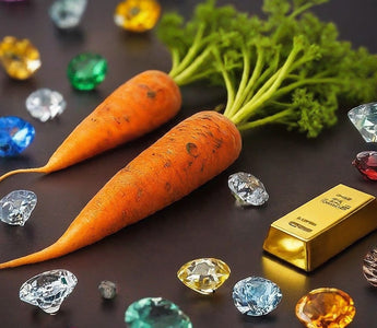 Picture of a carrot, a gold bar, and gem stones