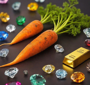 Picture of a carrot, a gold bar, and gem stones