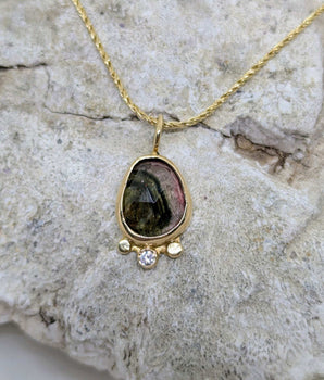 14k solid gold tourmaline & diamond necklace