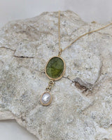 14k solid gold green tourmaline & pearl pendant