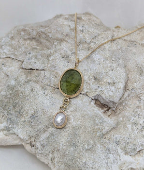 14k solid gold green tourmaline & pearl pendant