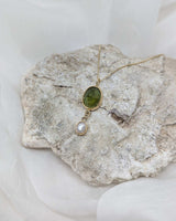 14k solid gold green tourmaline & pearl pendant
