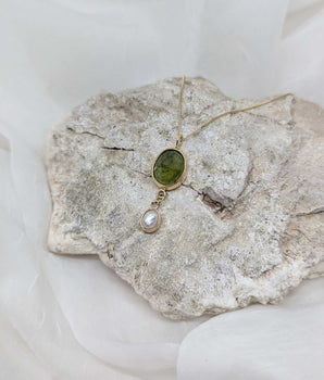 14k solid gold green tourmaline & pearl pendant