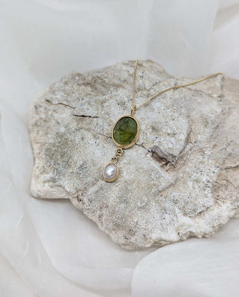 14k solid gold green tourmaline & pearl pendant