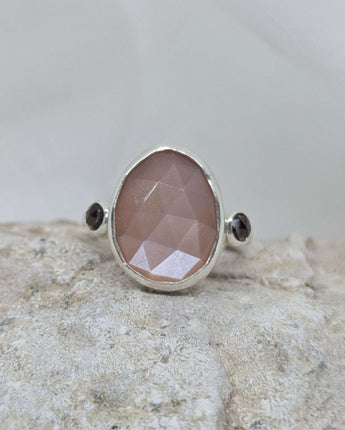 Peach moonstone & smoky quartz ring