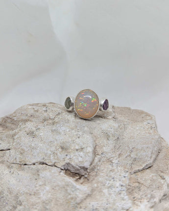 Ethiopian opal & two Madagascar sapphire  ring