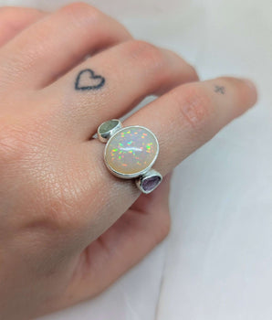 Ethiopian opal & two Madagascar sapphire  ring