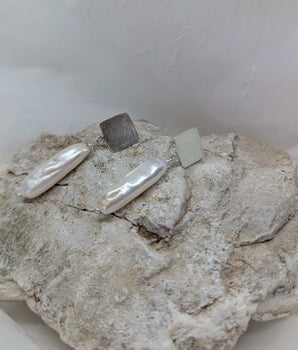 silver square & long pearls earrings