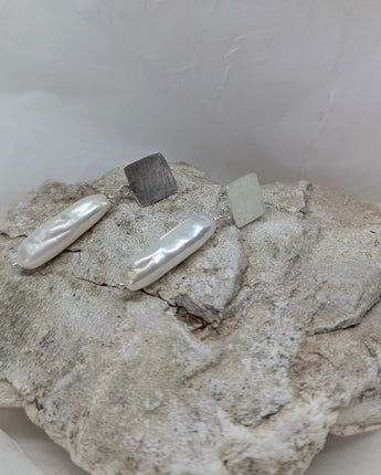silver square & long pearls earrings