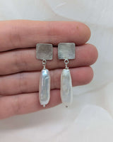 silver square & long pearls earrings