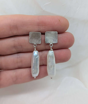 silver square & long pearls earrings