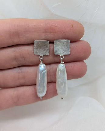 silver square & long pearls earrings