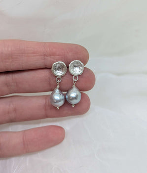 Silver pebble and pearl earrings