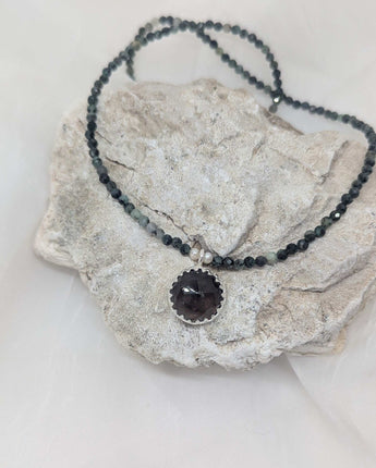 Emerald beads and smoky quartz necklace