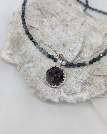 Emerald beads and smoky quartz necklace