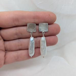 silver square & long pearls earrings