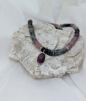 Tourmaline beaded necklace and ruby pendant