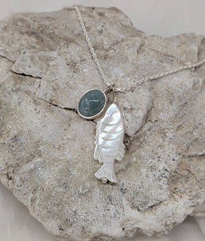 Aquamarine and pearl fish necklace