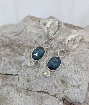 small huggie earrings with green kyanite and peridot